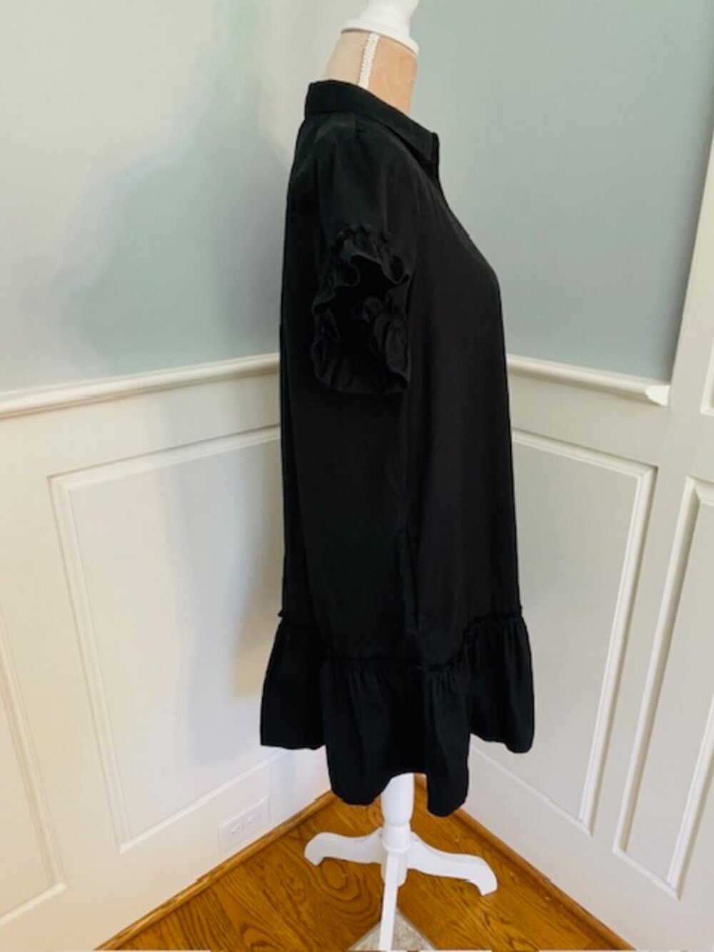 J.Crew Cotton Shirt Dress Black Ruffle Trim Button Front Midi Dress Medium - Picture 6 of 8